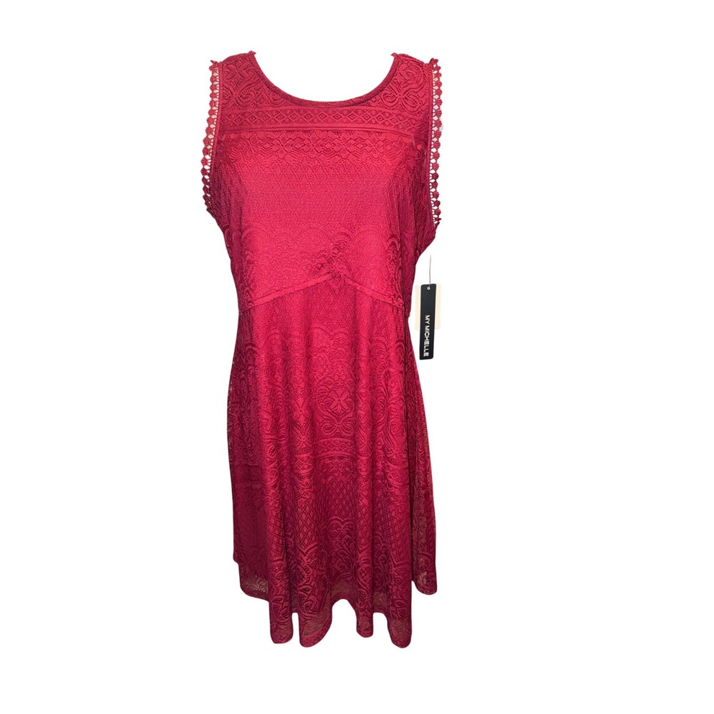 My Michelle Womens Lace Overlay Sleeveless Dress Wine Red Size Large NEW